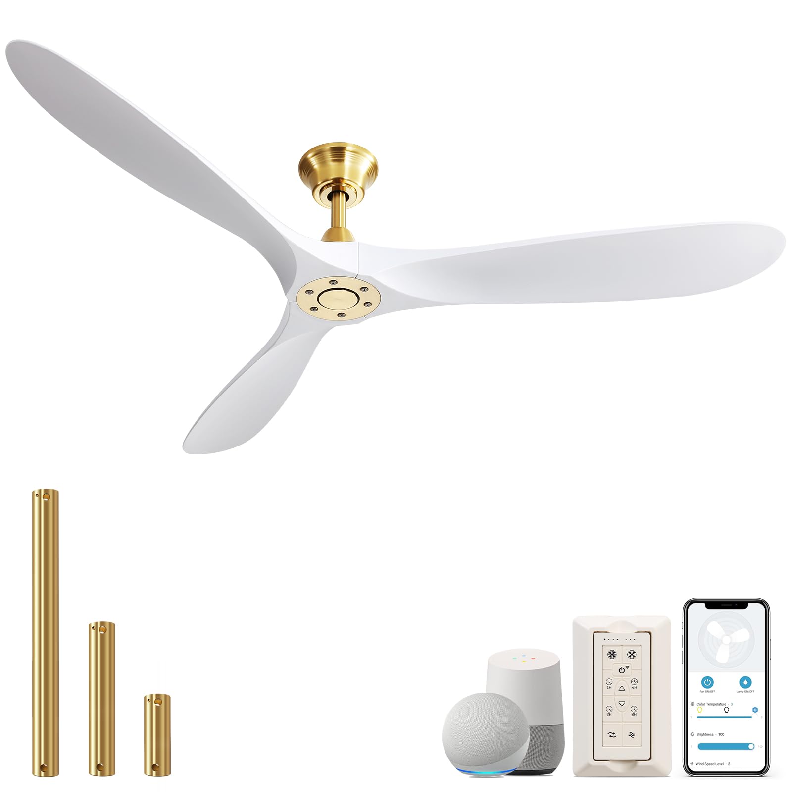 60'' Ceiling Fan No Light, Gold Ceiling Fan With Remote & App Control, 3 Abs Blades 5500 Cfm Smart Wifi Ceiling Fan With Quiet R