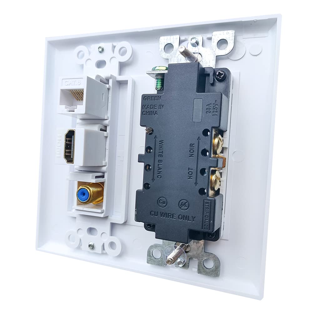 Boplat Double Gang 20Amp Power Outlet With Ethernet Coax Hdmi Wall Plate   Electrical Wall Outlet With 1 Port Hdmi + 1 Cat6 Rj45