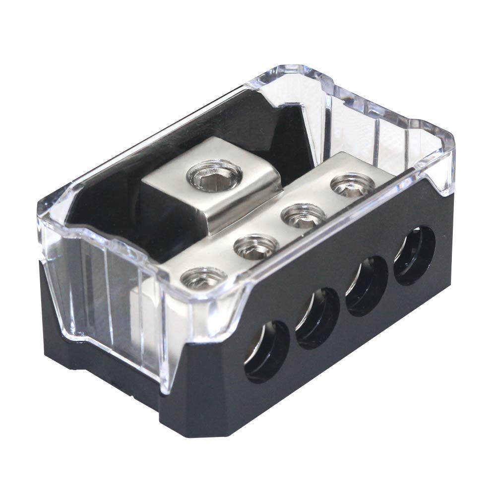Rkurck 4 Way Power Distribution Block, 0/2/4 Awg Gauge In, 4/8/10 Gauge Out, Car Audio Stereo Amp Distribution Connecting Block