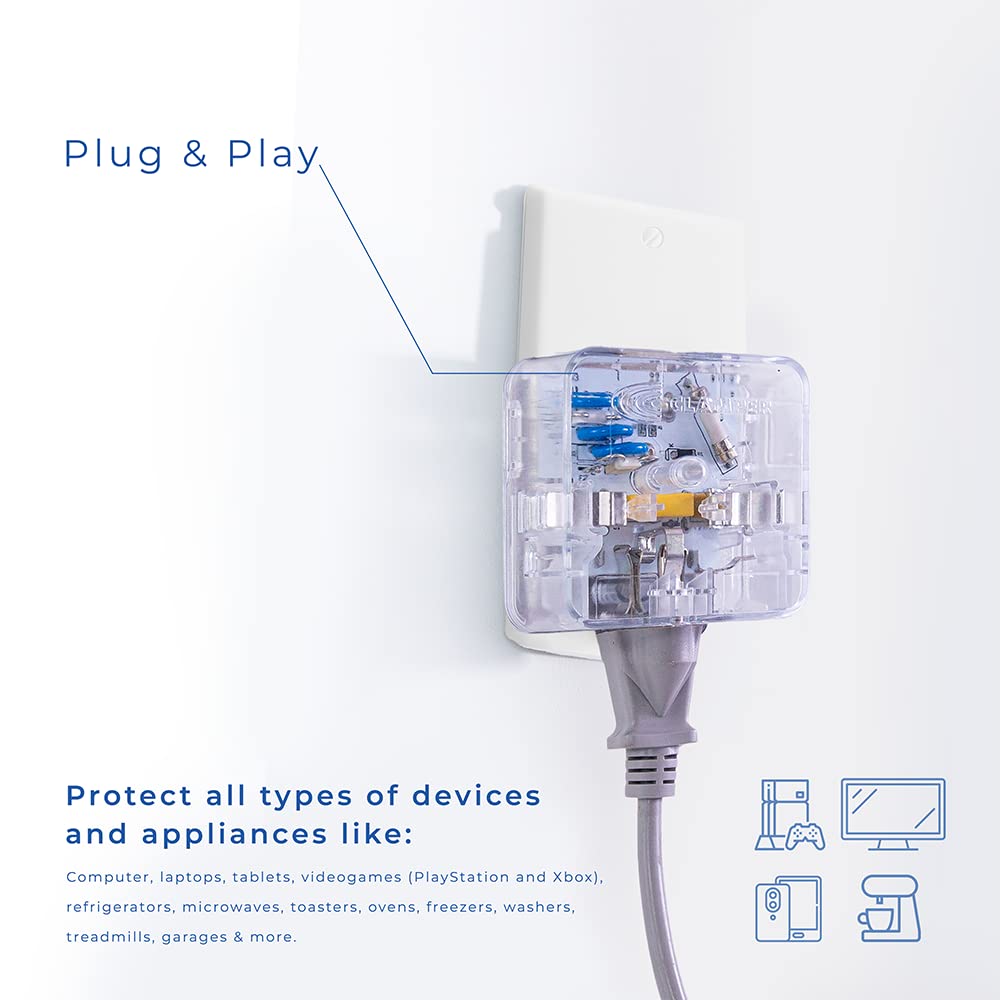 Clamper 3 Outlet Surge Protector 1800 Joules, 1875W, For Tv, Pc, Xbox, Ps5, Refrigerators And Other Appliances (Compact Wall Sur