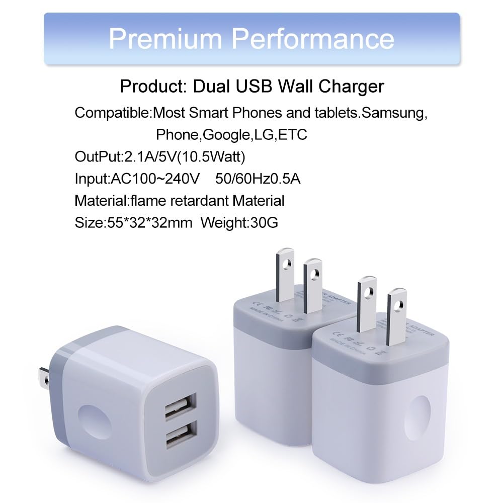 Usb Wall Charger, Charging Adapter 3Pack 2.1A Dual Port Usb Wall Charging Plug Block Head Box Travel Charger Cube Compatible Pho