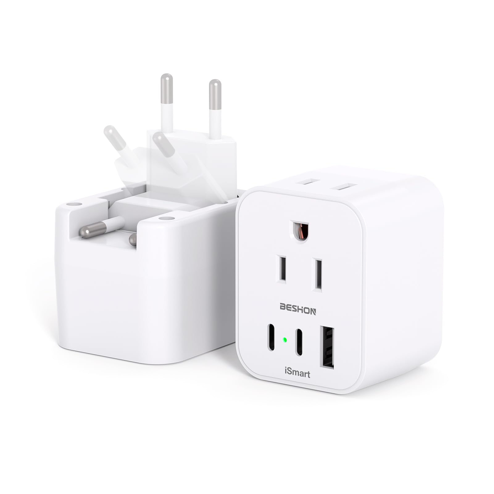 [2 Pack] European Travel Plug Adapter, Foldable International Plug Adapter With 2 Ac Outlets 3 Usb Ports(2 Usb C), Type C Plug A