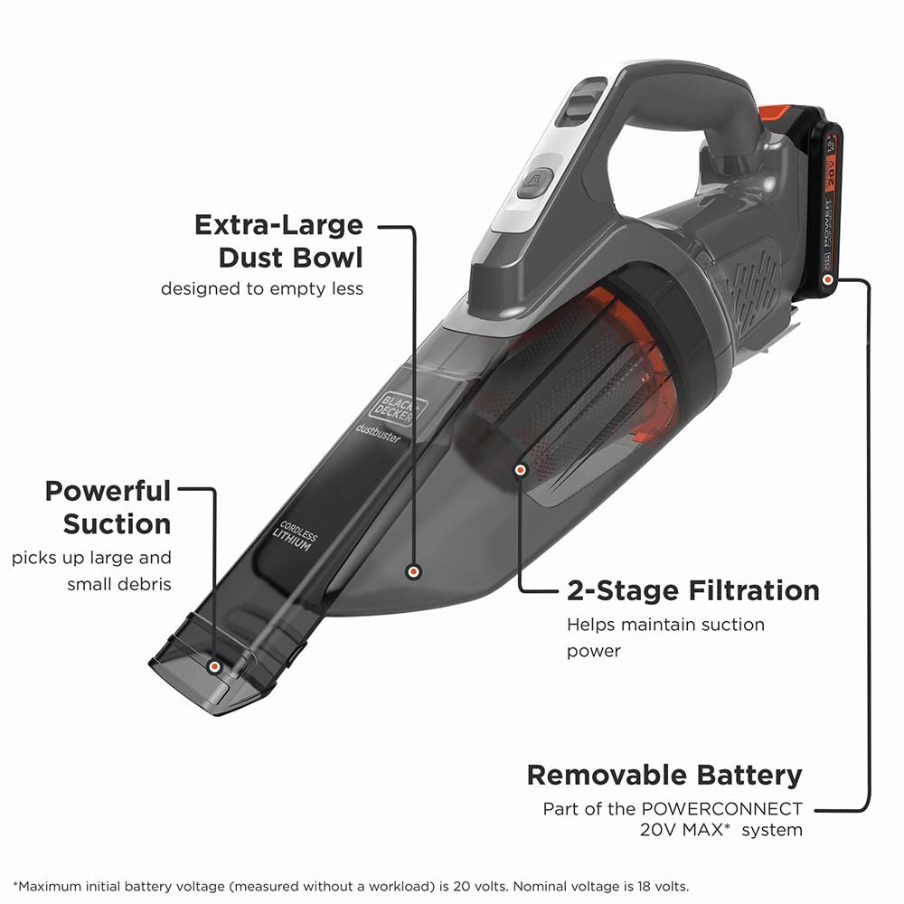 Black+Decker 20V Dustbuster, Cordless Handheld Vacuum, Home And Car Vacuum With Removable/Rechargeable Battery (Bchv001C1)