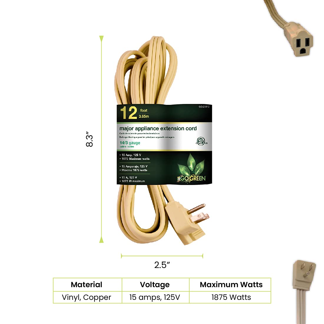 Go Green Power Inc. 12Ft Appliance Cord, Beige   14/3 Spt, Heavy Duty, Grounded Plug, Kink Free, Ideal For Large Indoor Appliances