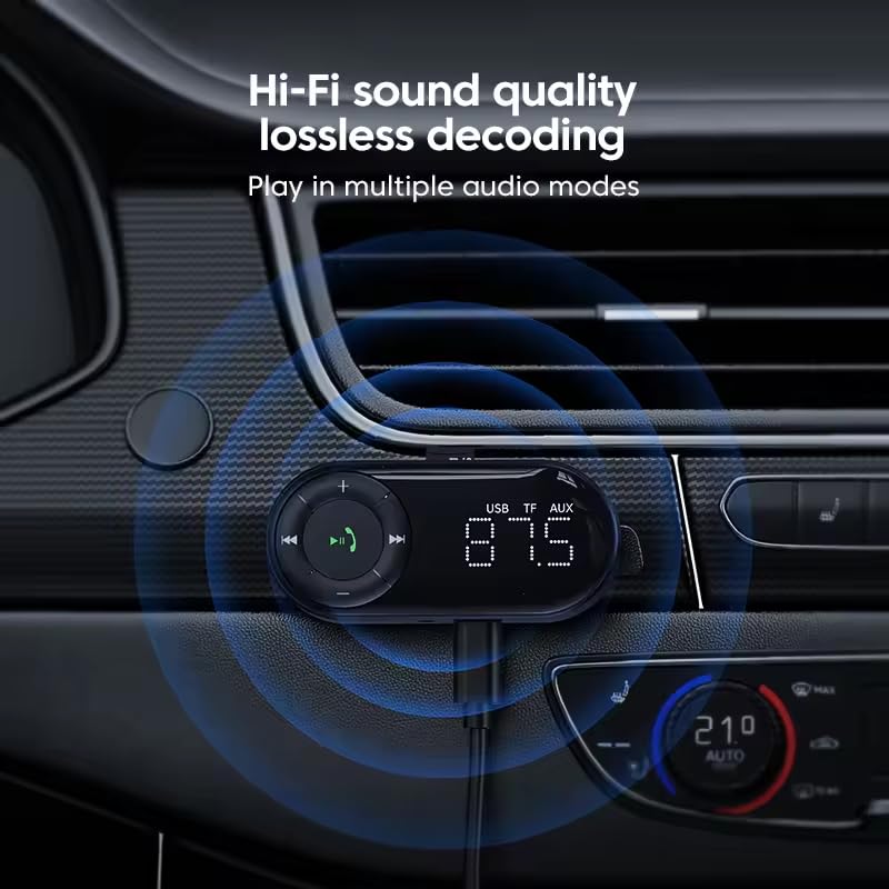 Eppfun Bluetooth 5.2 Fm Transmitter For Car,Bluetooth Car Adapter With Big Mic Bass Stereo Hi Fi Sound, Bluetooth Receiver Support Hands Free Calls, Aux Out, Tf Card