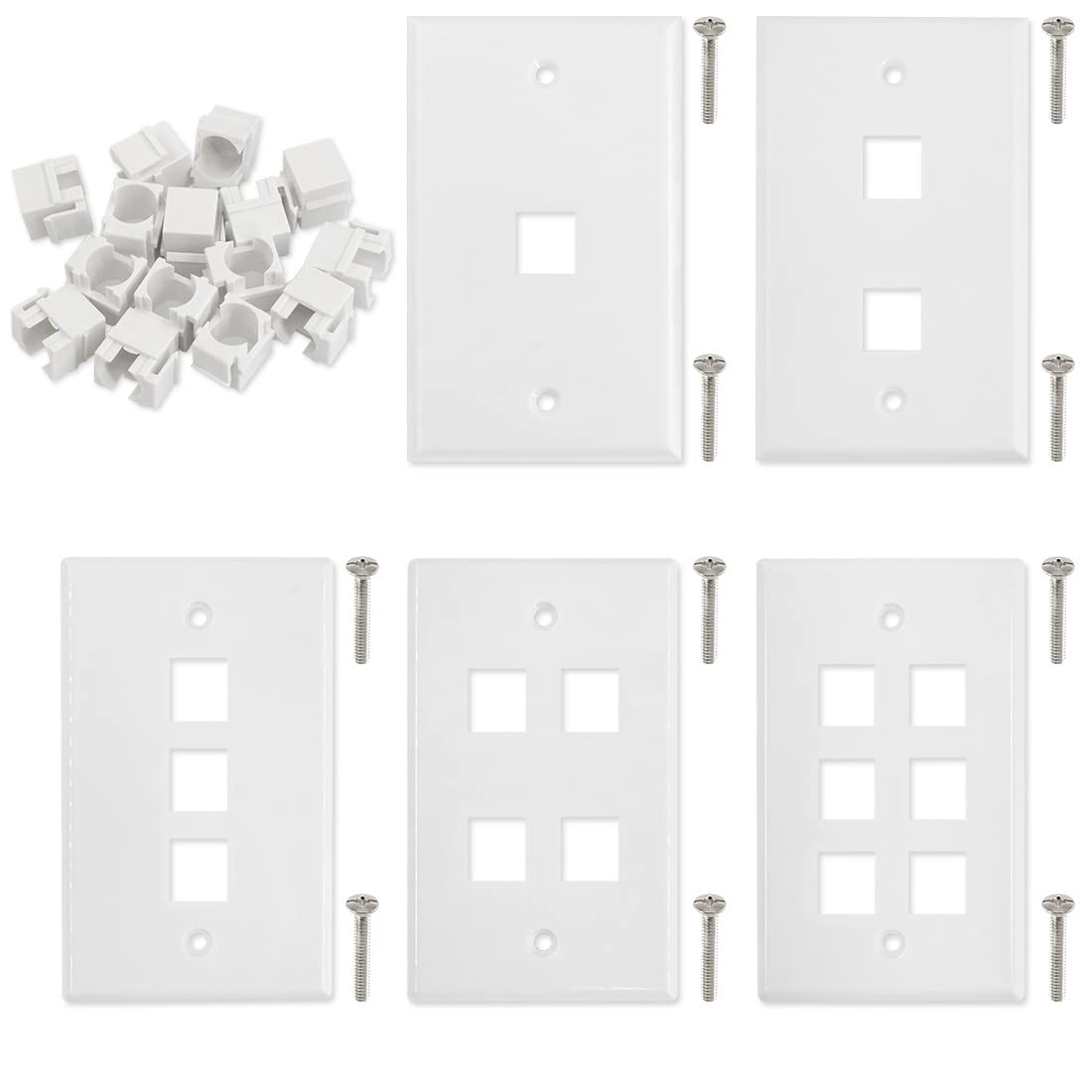 Glarks 30 Pack 1/2/3/4/6 Port White Keystone Wall Plate With Screw And 30Pcs Standard Size Keystone Jack Insert