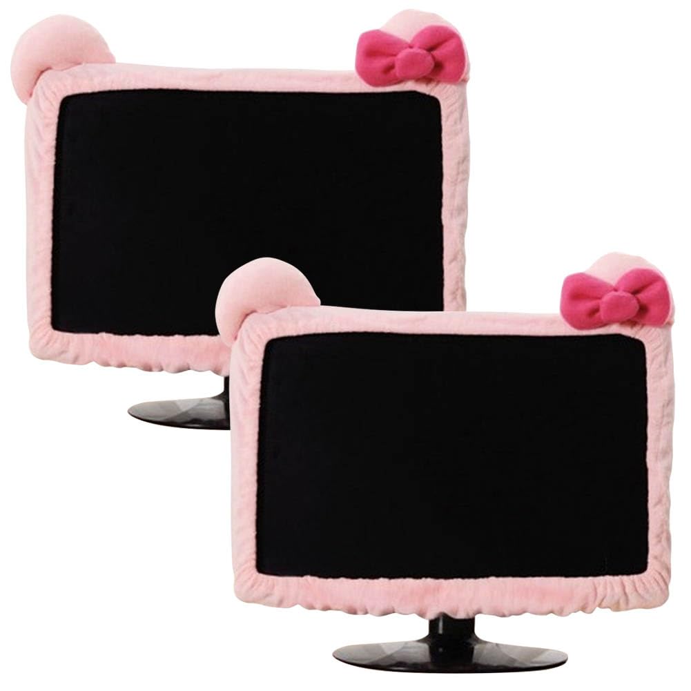 2 Pcs Computer Monitor Cover With Cat Ear Furry Pink Kawaii Elastic Monitor Dust Cover Dustproof Cover For Pc Tv Laptop Lcd Scre