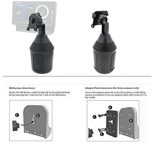 Low Profile Drinks Cup Holder Mount For Sirius Xm Onyx Plus Lynx Satellite Radio W/ Single T (Xm) Delphi Skiff & Amps Pattern