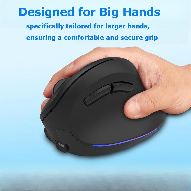 Wireless Mouse Ergonomic Vertical Mouse For Large Hands Rechargeable Big Quiet Silent Ergo Blue Led Light 3600Dpi Carpal Tunnel