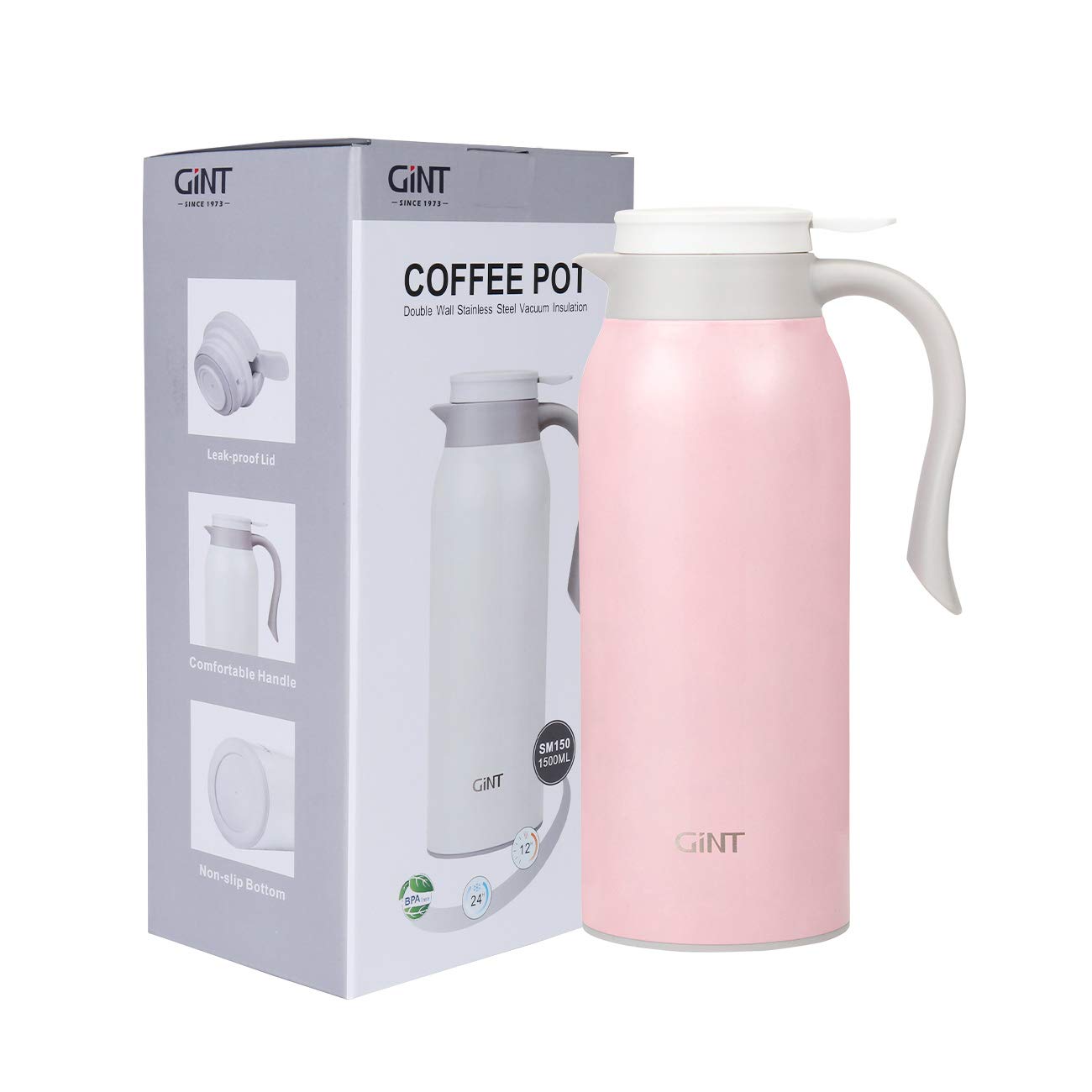 Gint 51 Oz Stainless Steel Thermal Coffee Carafe, Double Walled Vacuum Thermos, 12 Hour Heat Retention, 1.5 Liter Tea, Water, An