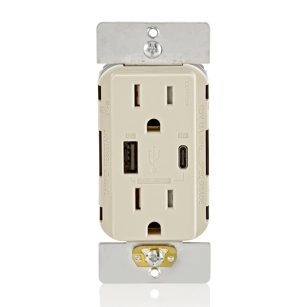 Leviton T5634-T 60W (20V@2.5A+ 5V@2A) USB Dual Type A/Type-C Power Delivery in-Wall Charger with 15A Tamper-Resistant Outlet, US
