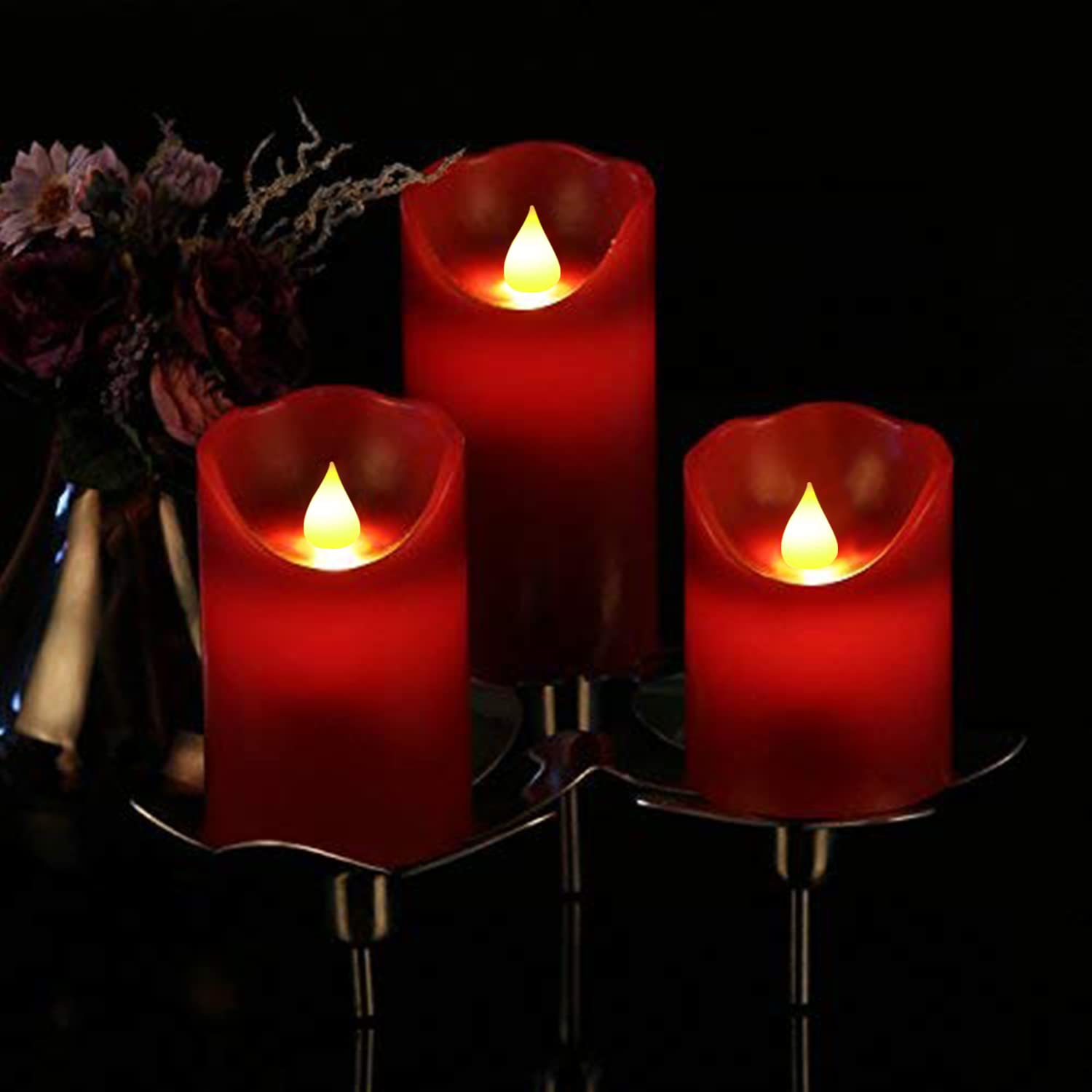Junpei Led Candles, Battery Flickering Candles, Set Of 3 Red Real Wax,300+ Hour Decorating Pillars Candles, With10 Buttons Remot