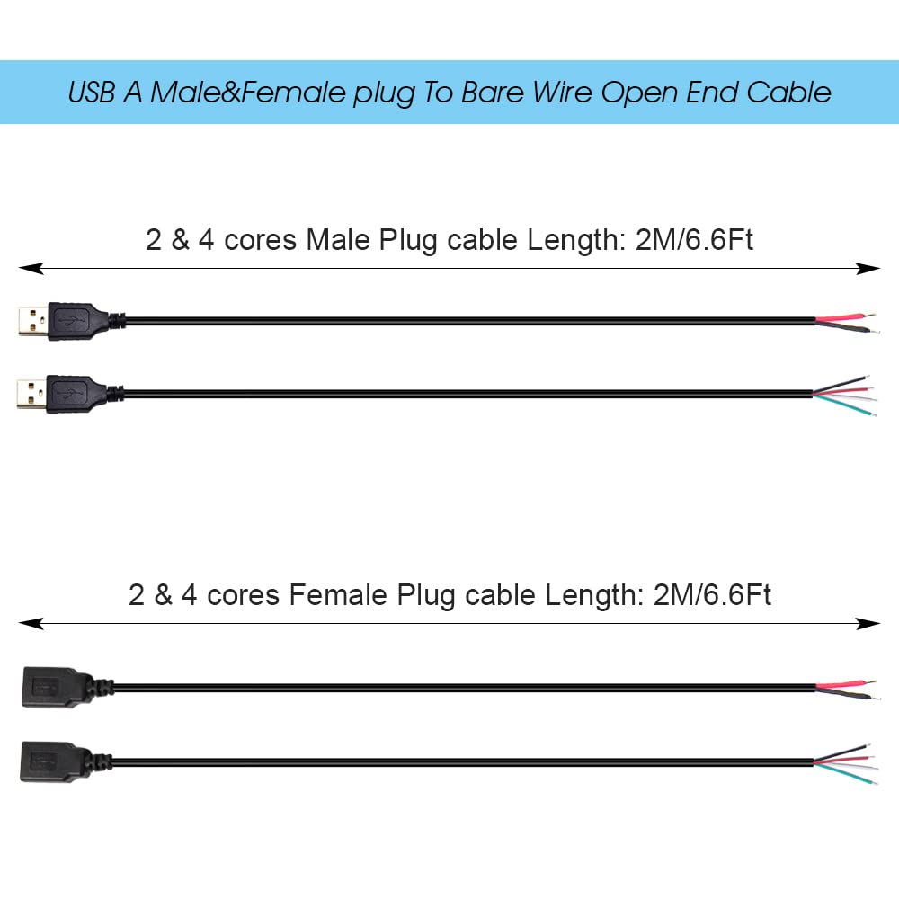 Ksopuert 2Pcs Usb A Female Plug To Bare Wire Open End Cable 6.6Ft 200Cm 5V 2.1A 2 & 4 Cores Power And Data Transmission Pigtail