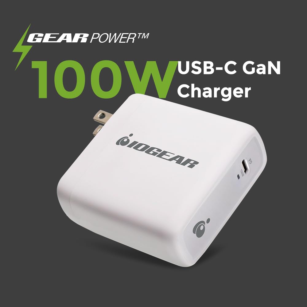 Iogear Gearpower 100W Usb-C Gan Charger, Compatible With All Type C Devices, Usb4, Thunderbolt 3 And Thunderbolt 4, Iphone 12, A