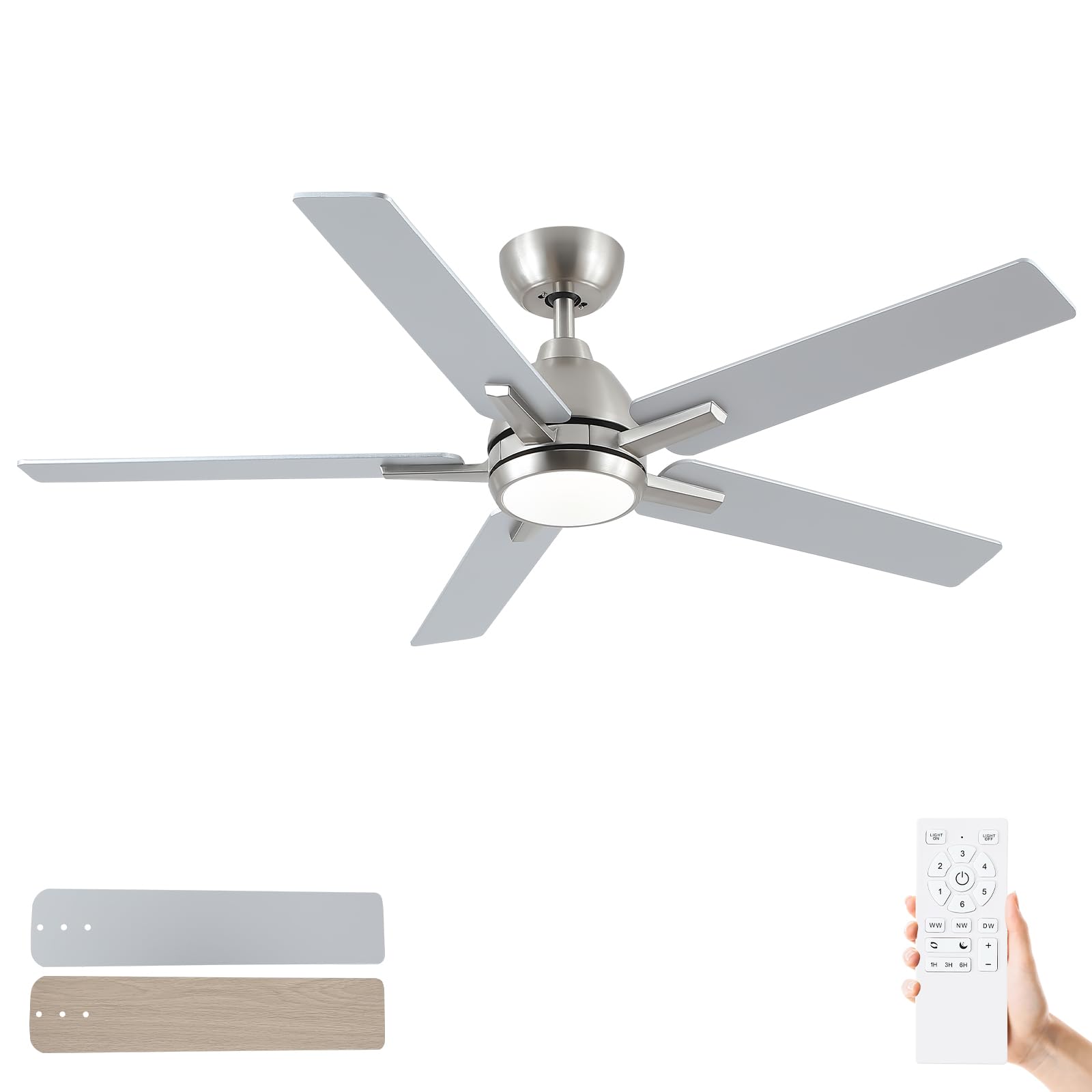 52 Inch Ceiling Fans With Lights And Remote,Brushed Nickel Ceiling Fan With 5 Dual Sided Blades,Downrod,6 Speed Reversible Dc Mo