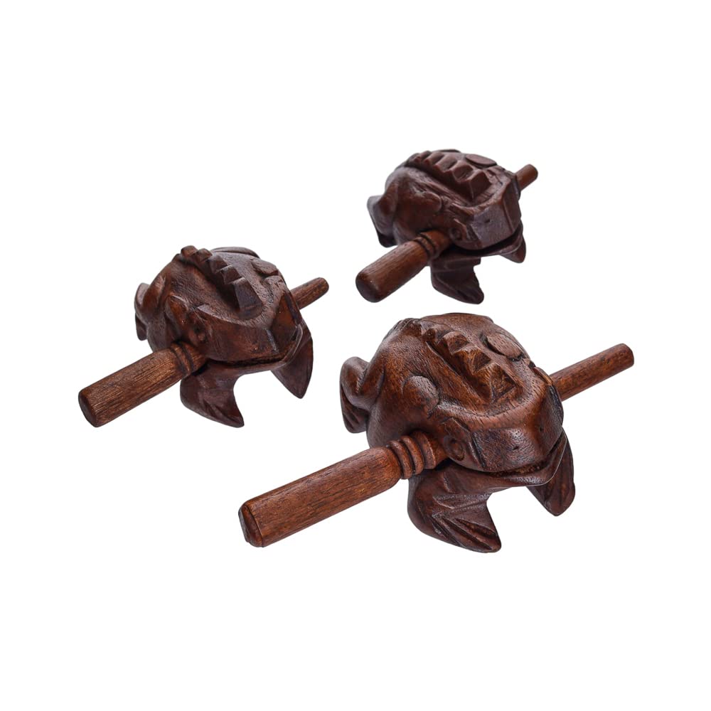 Guiros Percussion Instruments Wooden Frog 3 Piece Set Of 4 Inch, 3 Inch, 2.75 Inch, Wooden Frog Musical Instrument (Dark Brown C