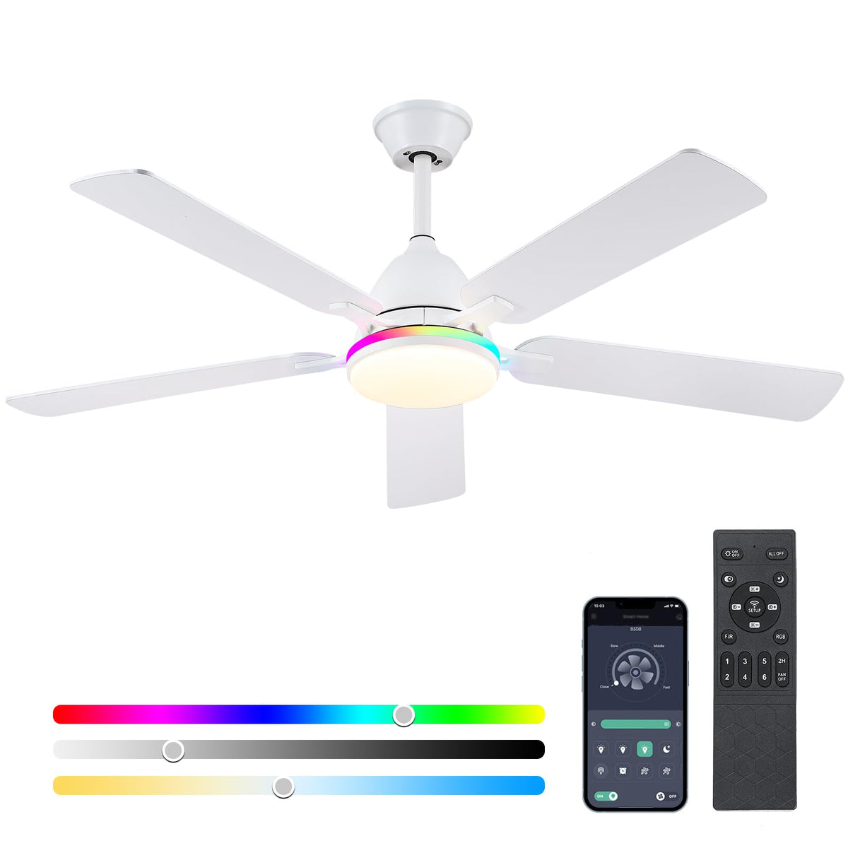 Bykistok Ceiling Fans With Lights, 52 Inch Low Profile Ceiling Fan With Light And Remote Control,Reversible,Rgb,3Cct, Dimmable,Q
