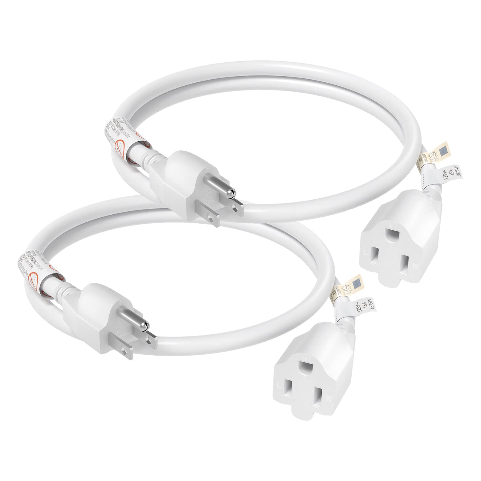 Firmerst 15 Amp 2 Feet Extension Cord 3 Prong 14 Gauge 1875W White, 2 Pack