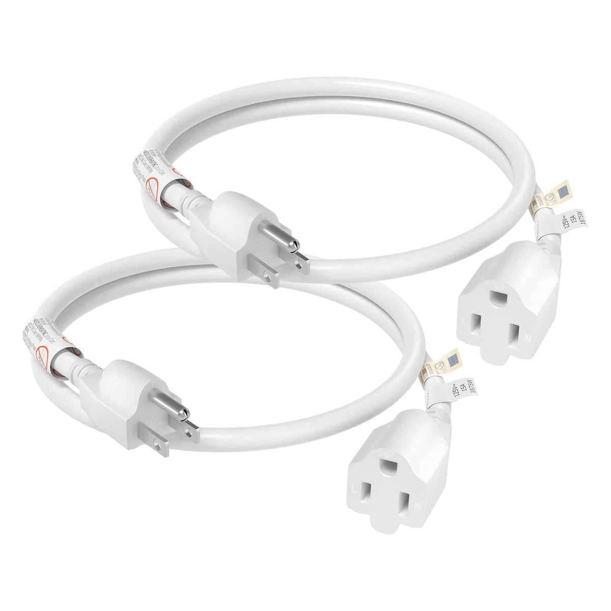 Firmerst 15 Amp 2 Feet Extension Cord 3 Prong 14 Gauge 1875W White, 2 Pack