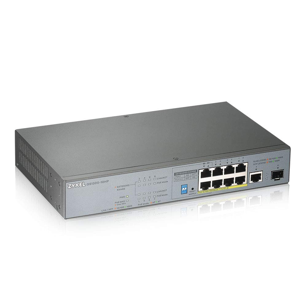 Zyxel 8 Port Gigabit Unmanaged Poe+ Switch With 130 Watt Budget And 1 Gigabit Copper Port + 1 Sfp, Long Range Poe Switch Gs1300 