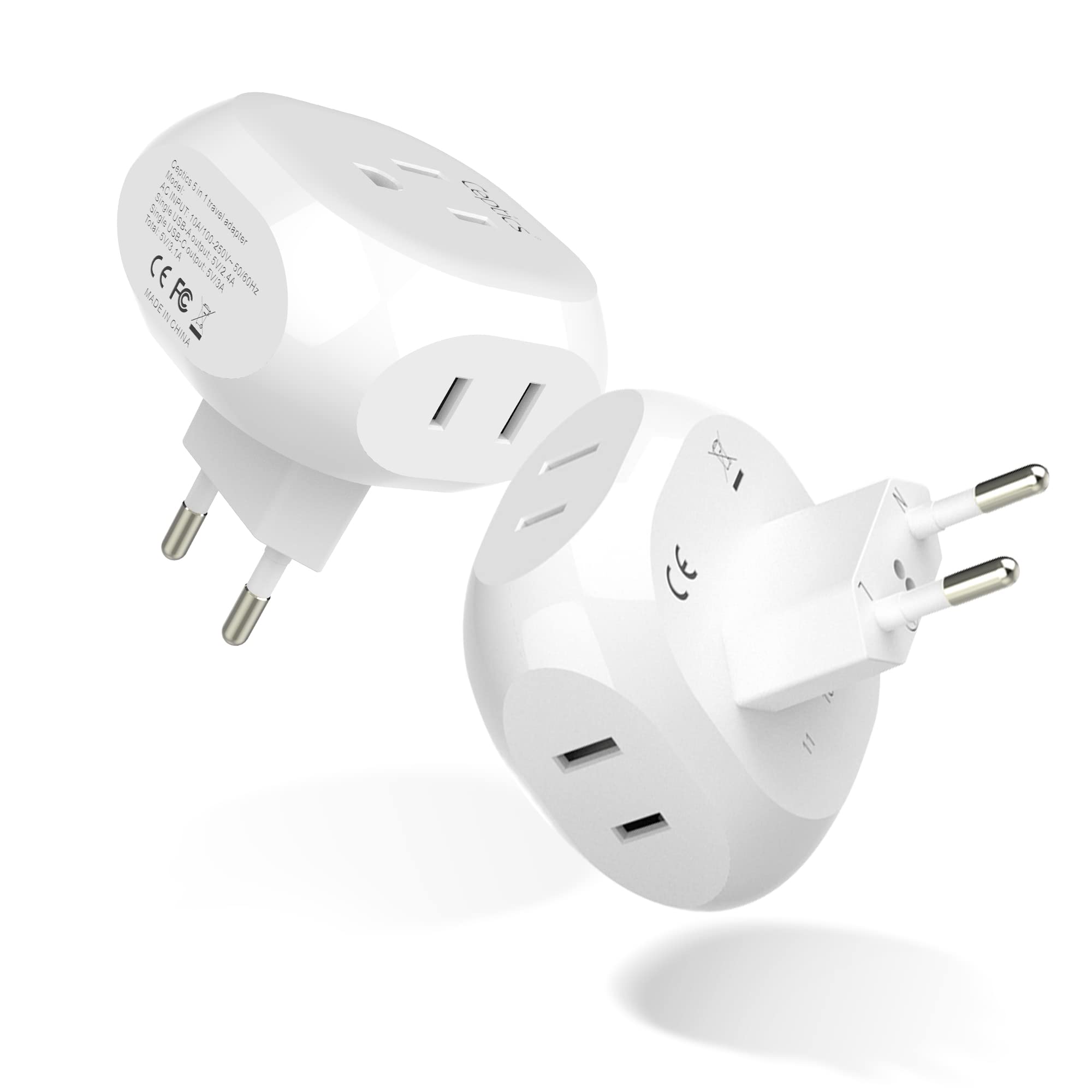 Ceptics European Travel Plug Adapter Europe Power Adaptor Charger 4 Input - Ultra Compact - Light Weight - USA to Any Type C Cou