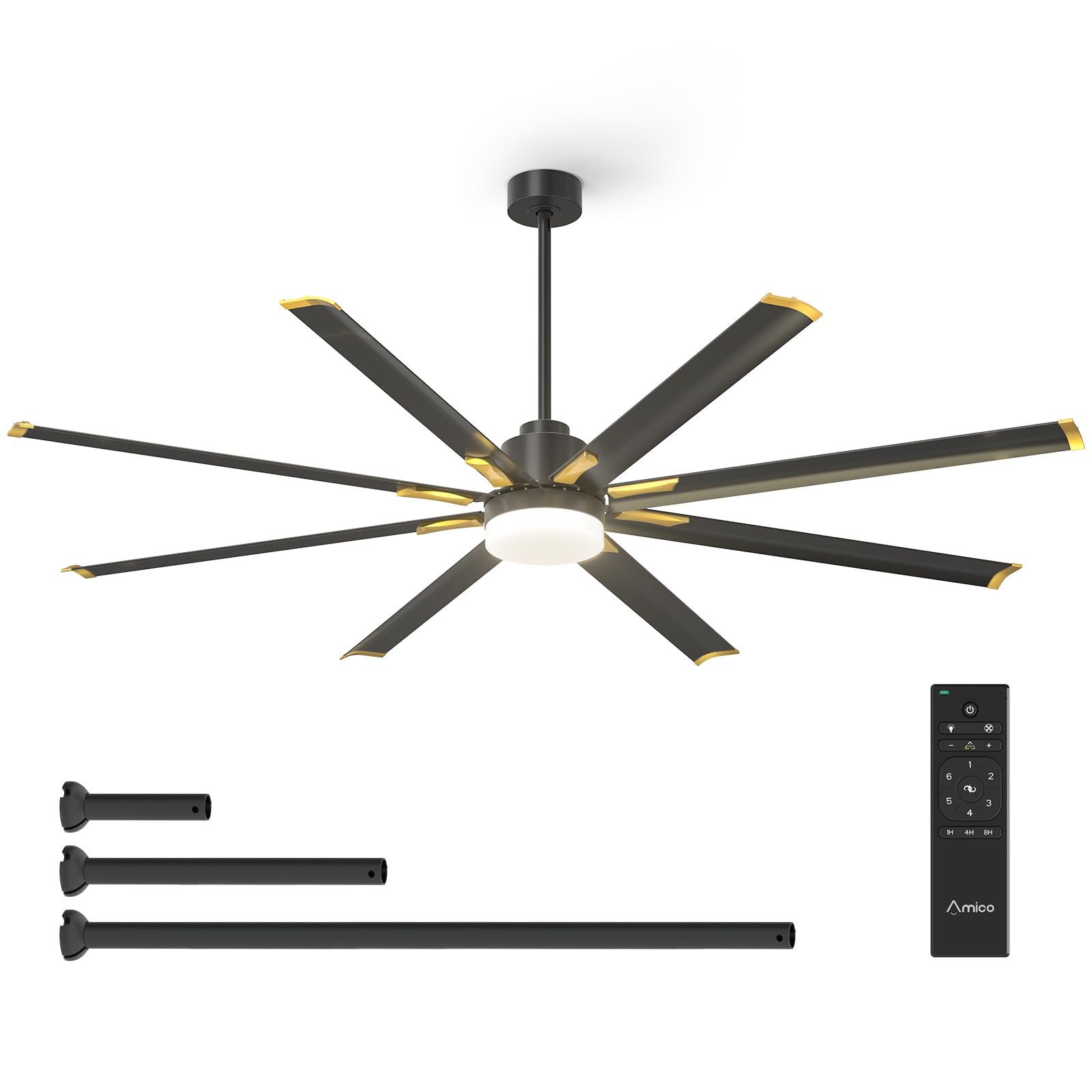 Amico 84 Inch Ceiling Fan With Light, Industrial Large Ceiling Fan With Quiet Dc Motor, 8 Aluminum Reversible Blades, 6 Speed Re