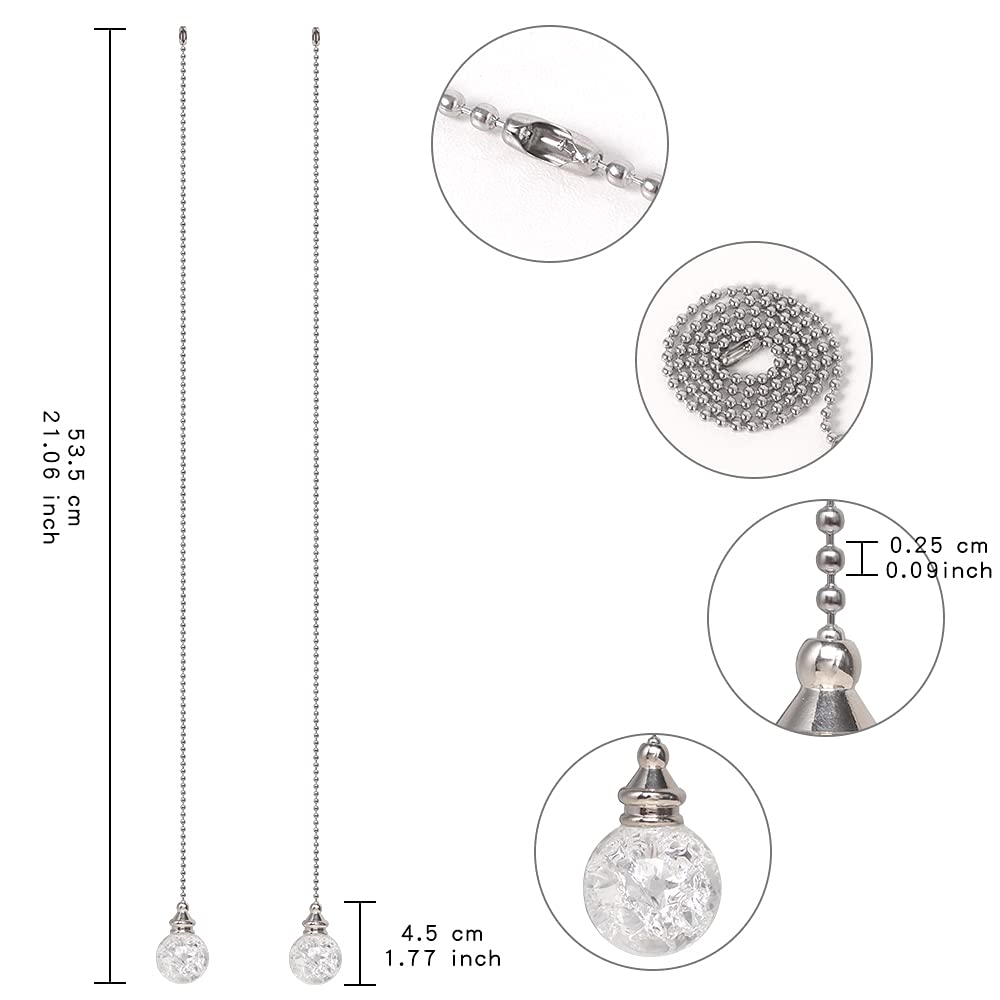 2Pcs White Pull Chain Crystal Glass Ice Cracked Ball Pull Chain For Ceiling Fan Light Decoration 50Cm Extension Chain