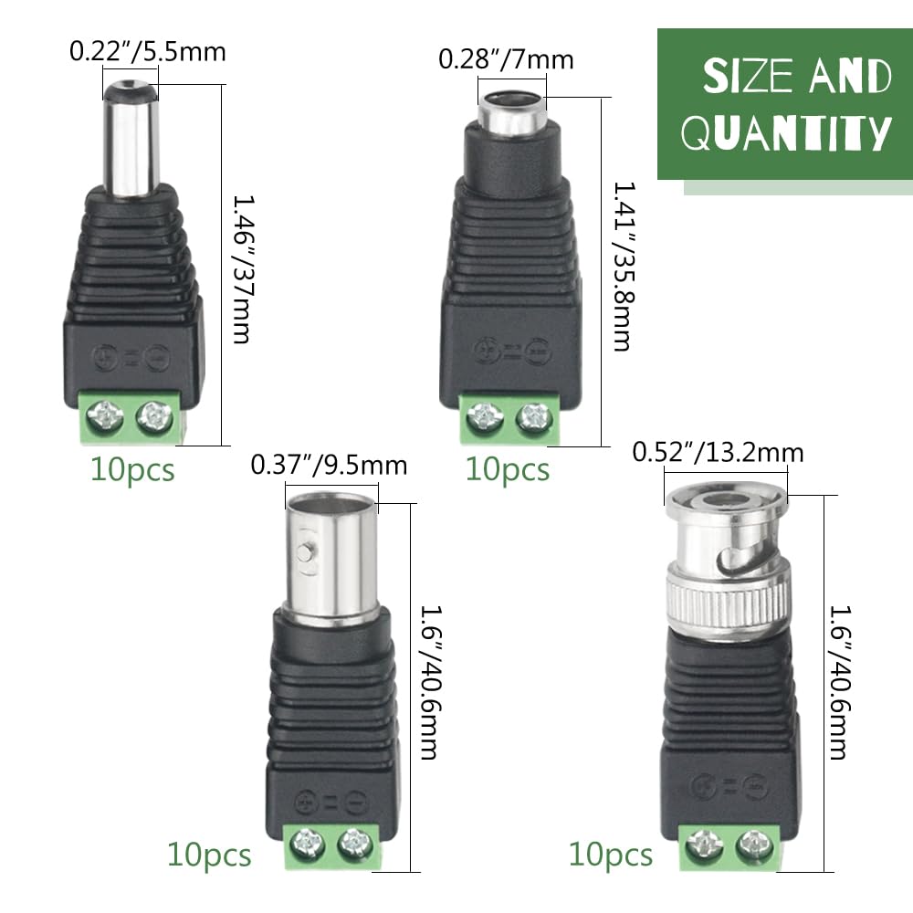 Wmycongcong 20 Pcs 2.1X5.5Mm Female And Male Dc Power Adapter Connector + 20 Pcs Camera Video Bnc Male And Female Balun Connecto