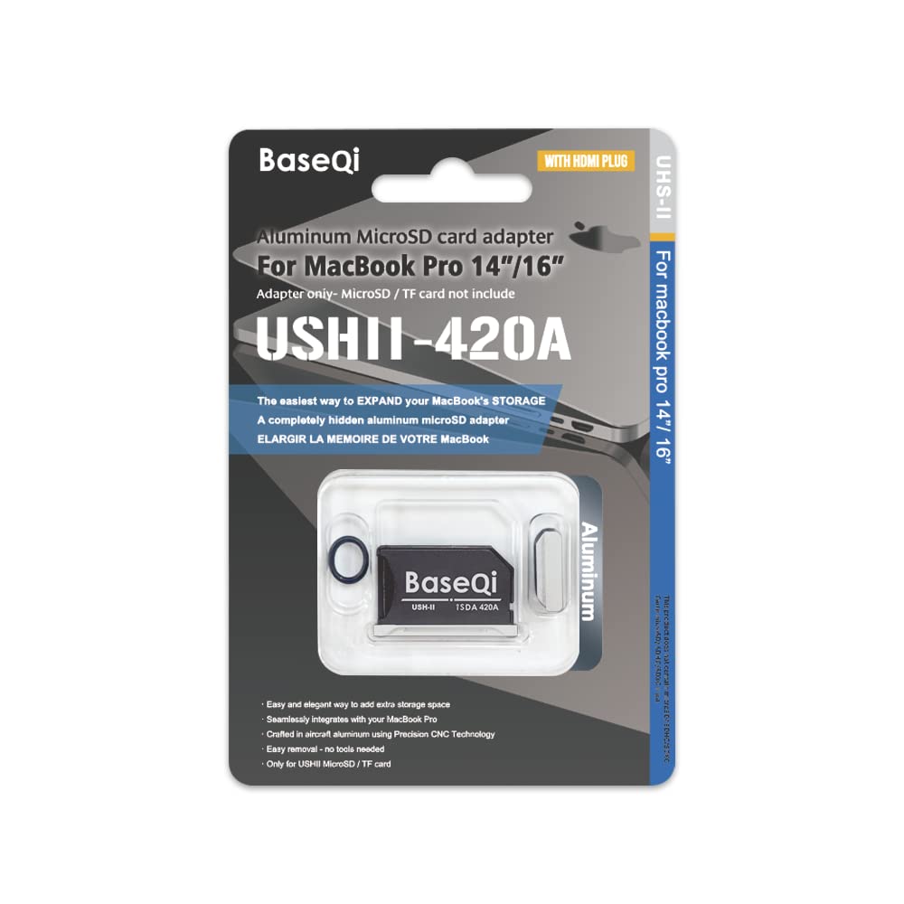 BASEQI UHS-II Aluminum microSD Adapter for 2021 M1 MacBook Pro 14 & 16    (Adapter with HDMI Dust Plug, Silver)