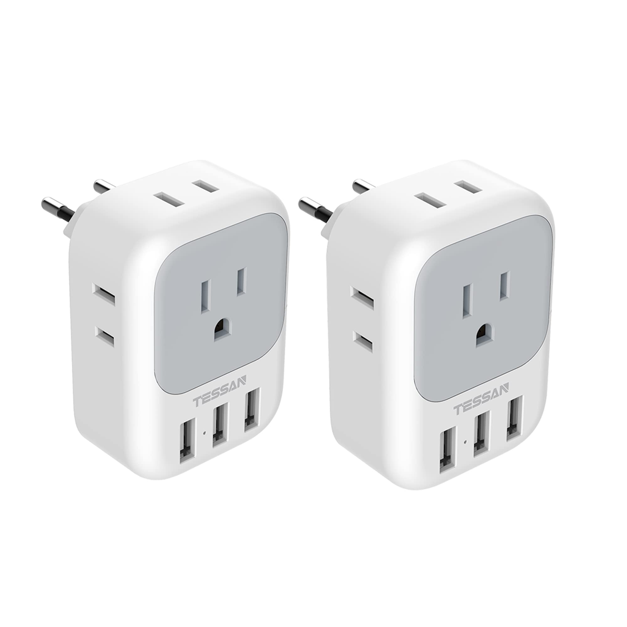 Tessan European Travel Plug Adapter 2 Pack, Us To Europe Power Adapter With 4 Outlets And 3 Usb, International Euro Charger Adap