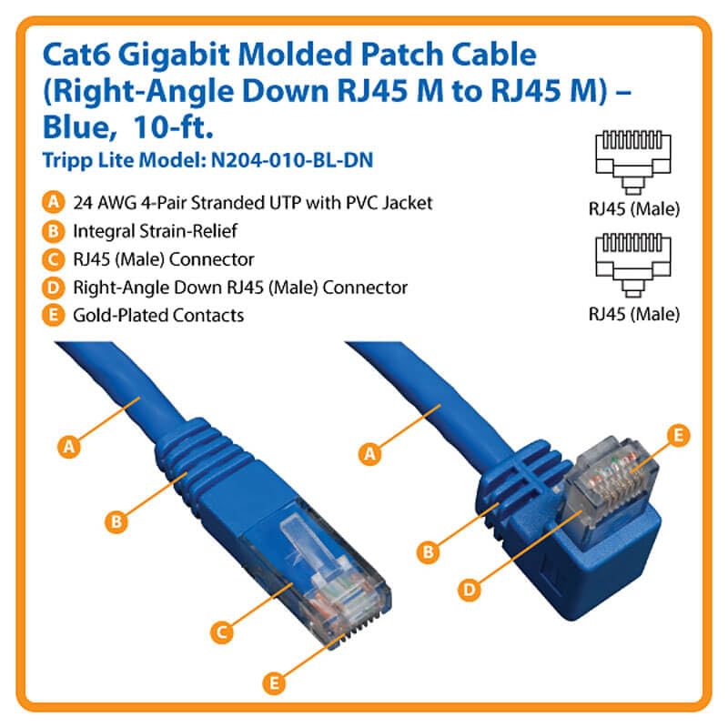 Tripp Lite Cat6 Gigabit Molded Patch Cable (Rj45 Right Angle Down M To Rj45 M) Blue, 10 Ft.(N204 010 Bl Dn)