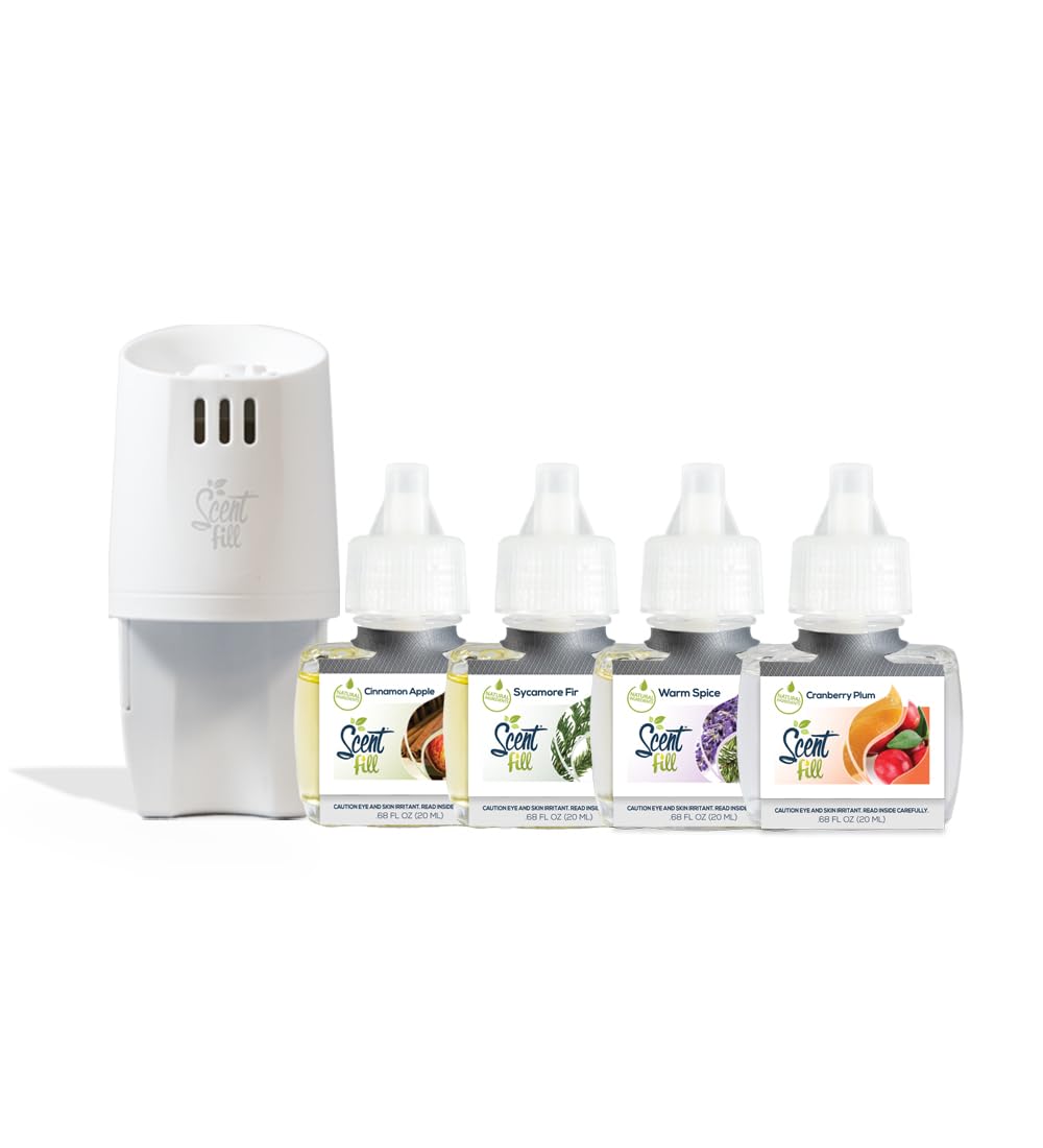 Scent Fill Holiday Kit (Cinnamon Apple, Sycamore Fir, Warm Spice, And Cranberry Plum), 4 Refills + Diffuser