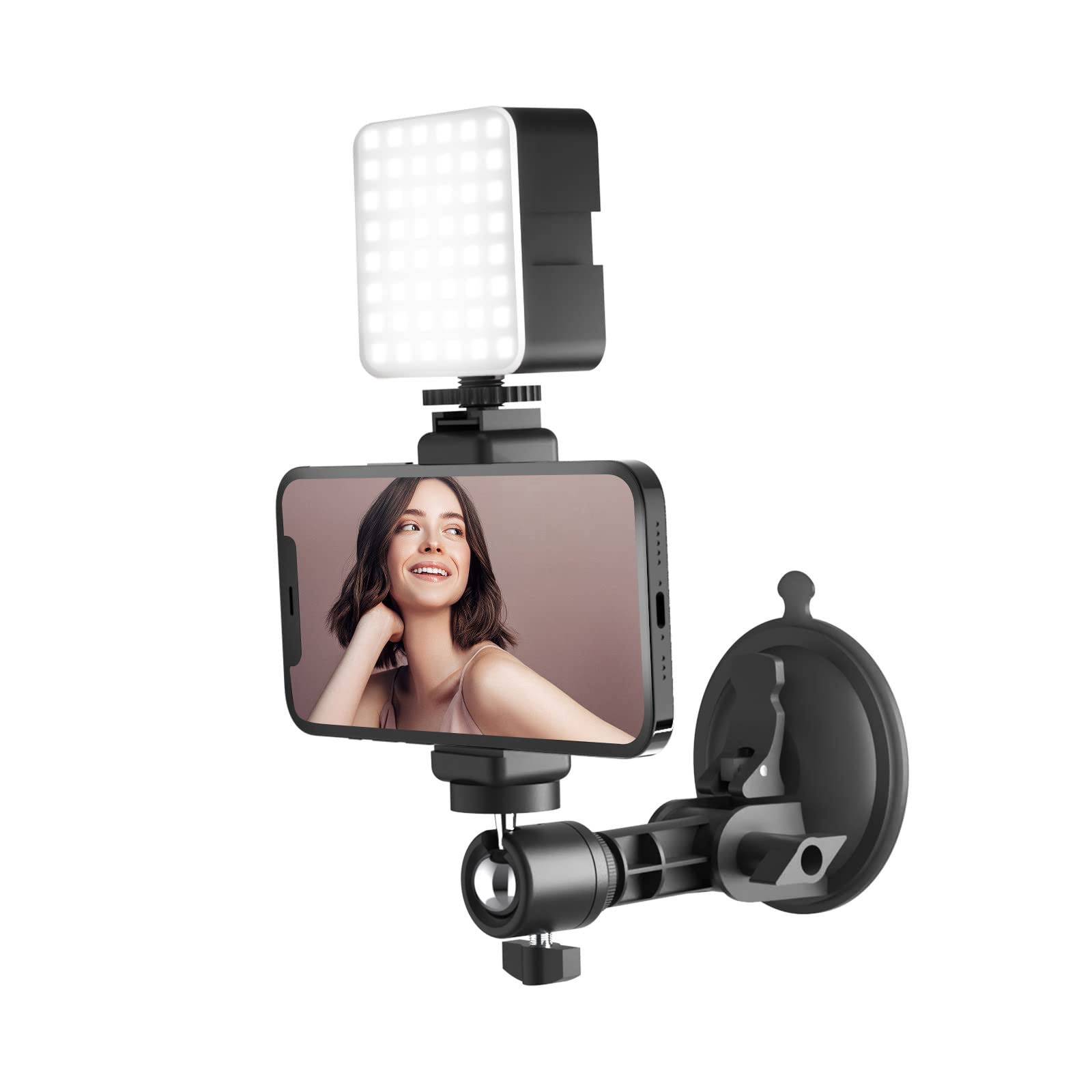 Lentok Suction Cup Mirror Phone Holder With Light, Travel Wall Phone Camera Mount For Makeup Content Creator Essentials, Mirror 