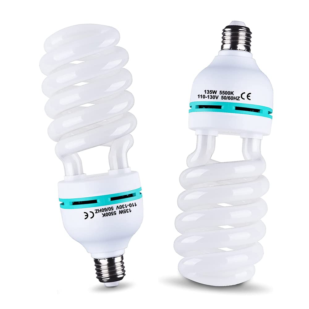 2Pcs 135W Light Bulb 5500K CFL Roas Daylight Spiral Softbox Lighting Kit Bulb in E27/E26 Socket for Photography Photo Box