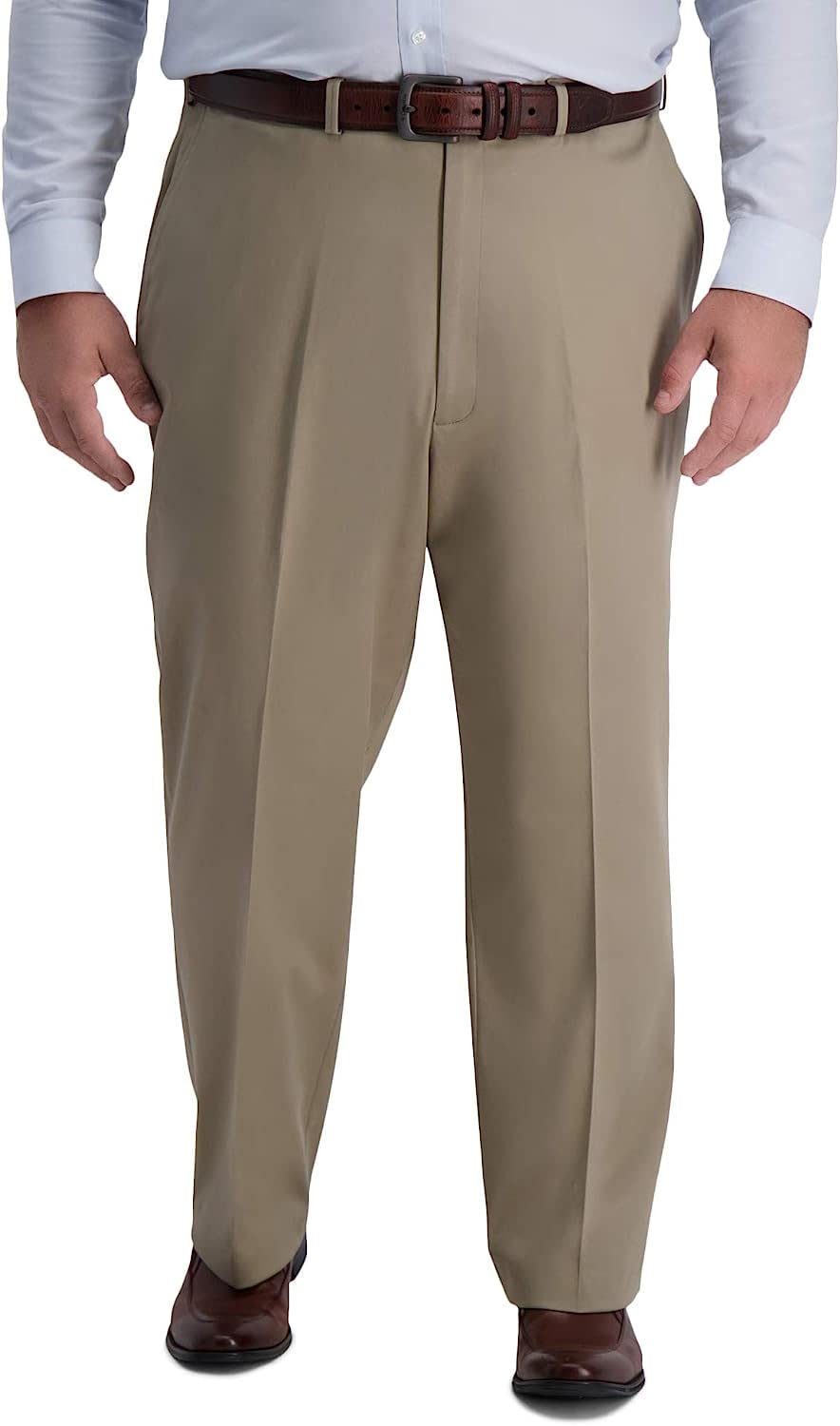 Haggar Mens Iron Free Premium Classic Fit Flat Front Expandable Waist Casual Pant Regular And Big  Tall Sizes, Med Khaki Bt, 54W