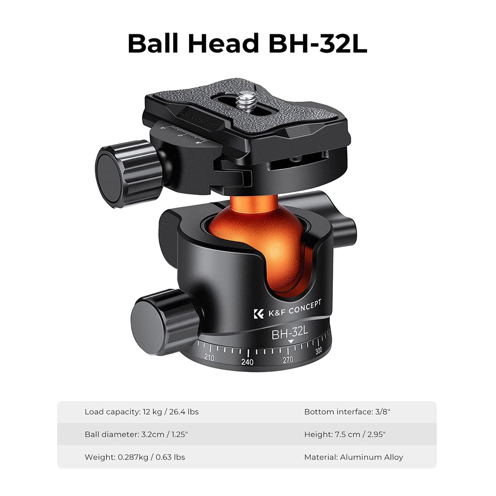 K&F Concept 32Mm Metal Tripod Ball Head 360 Degree Rotating Panoramic With 1/4 Inch Quick Release Plate Bubble Level For Monopod