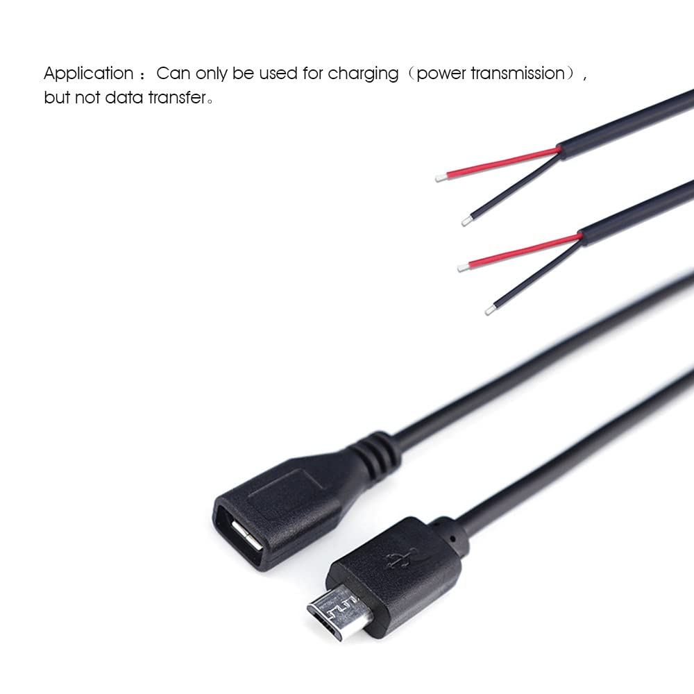 Ksopuert 4 Pcs 1Ft Black Micro Usb 2 Wire Pigtail Cable, 2.1A 5V, 28Awg, 2 Cores, Power Pigtail Repair, 2 Male & 2 Female Plugs