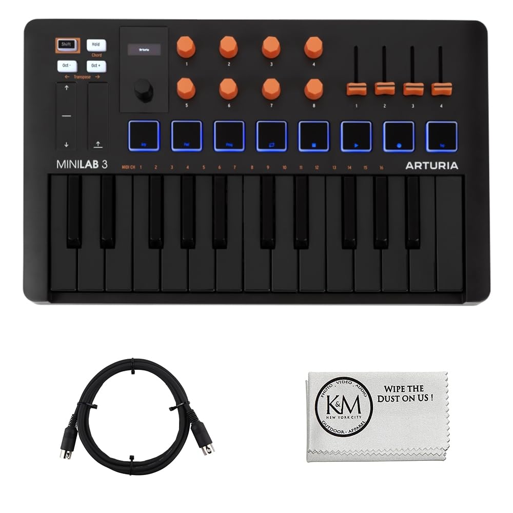 Arturia MiniLab 3 Compact MIDI Keyboard and Pad Controller | Orange Bundle with 6ft MIDI Cable + Microfiber Cleaning Cloth (3 It