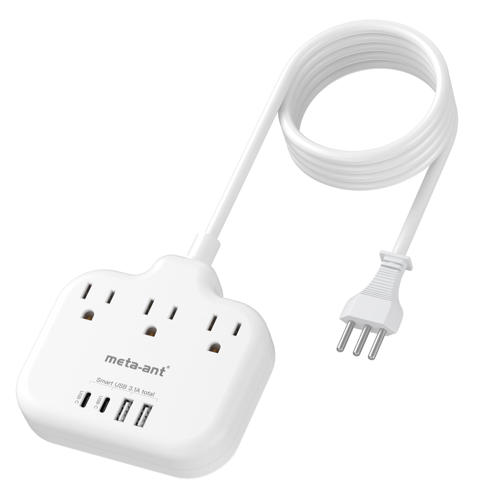 Italy Travel Plug Adapter With 5Ft Extension Cord, Meta Ant Italy Power Adapter With 3 American Outlets 4 Usb Ports(2 Usb C), Ty