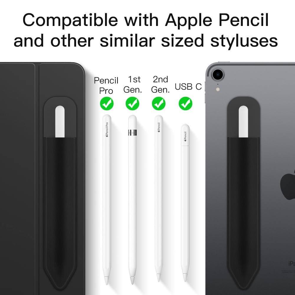 MoKo Pencil Holder Sticker Fit Apple Pencil Pro, Apple Pencil USB C, Apple Pencil 1st/2nd Generation, Elastic Pencil Pocket Pouch Adhesive Sleeve Attached to iPad Case for Stylus Pens, 2 Pieces Black