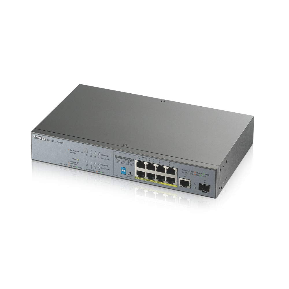 Zyxel 8 Port Gigabit Unmanaged Poe+ Switch With 130 Watt Budget And 1 Gigabit Copper Port + 1 Sfp, Long Range Poe Switch Gs1300