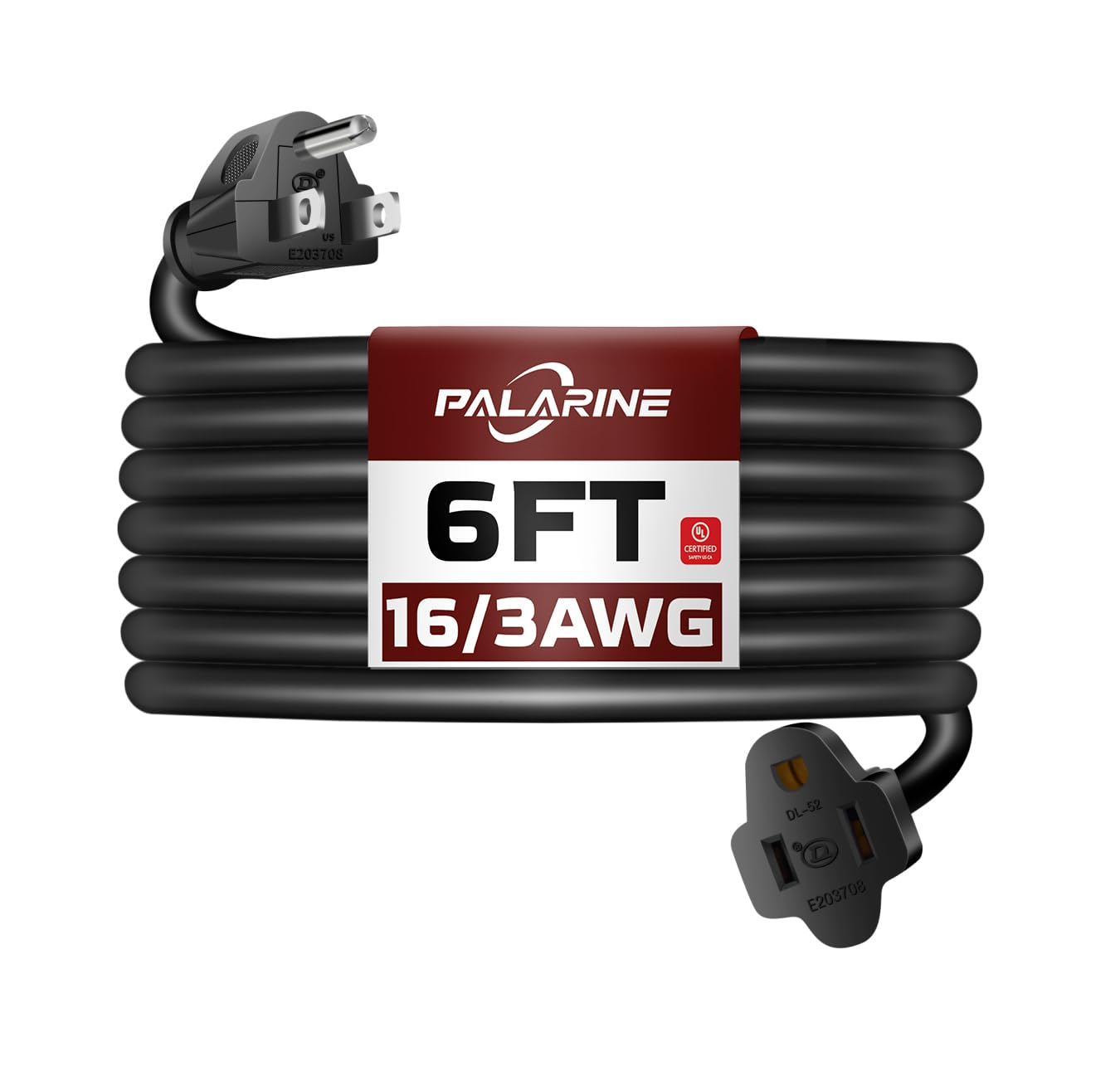 Palarine 6Ft Black Outdoor Extension Cord Waterproof, Ul Listed, 16/3 Sjtw Heavy Duty 3 Prong, 16 Gauge 13A Power Cord Ideal For