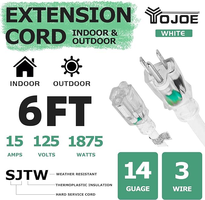 Yojoe Indoor Outdoor Extension Cord With Lighted End, 3 Prong 15A Weatherproof Power Extension Cord, 14 Gauge Heavy Duty 6 Ft Wh