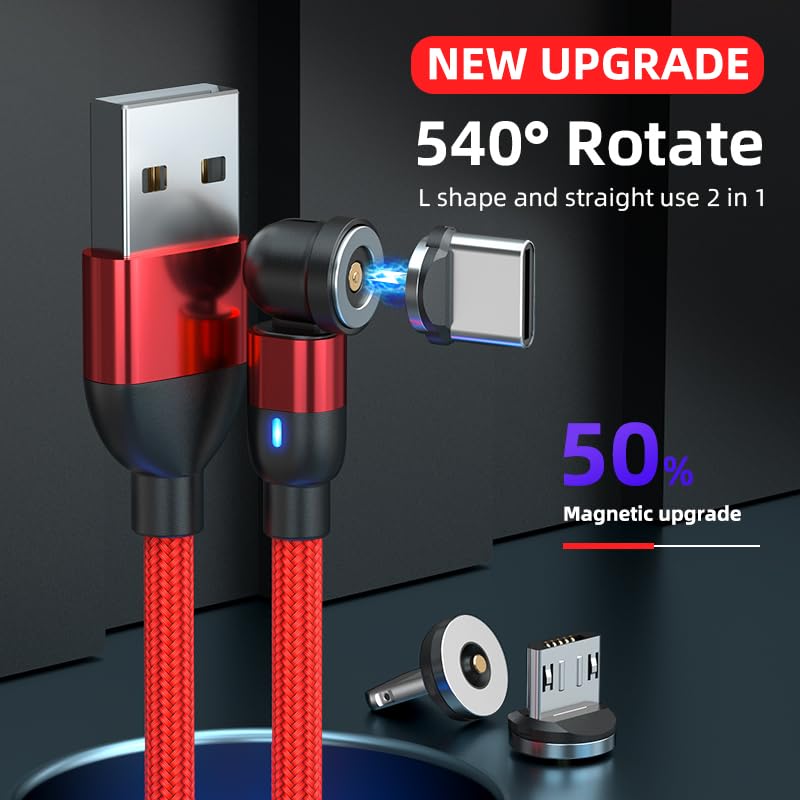 Bithai Magnetic Charging Cable 2 Pack 540 Rotating Magnetic Phone Charger Cable With Led Light For Micro Usb, Usb C And I Produc