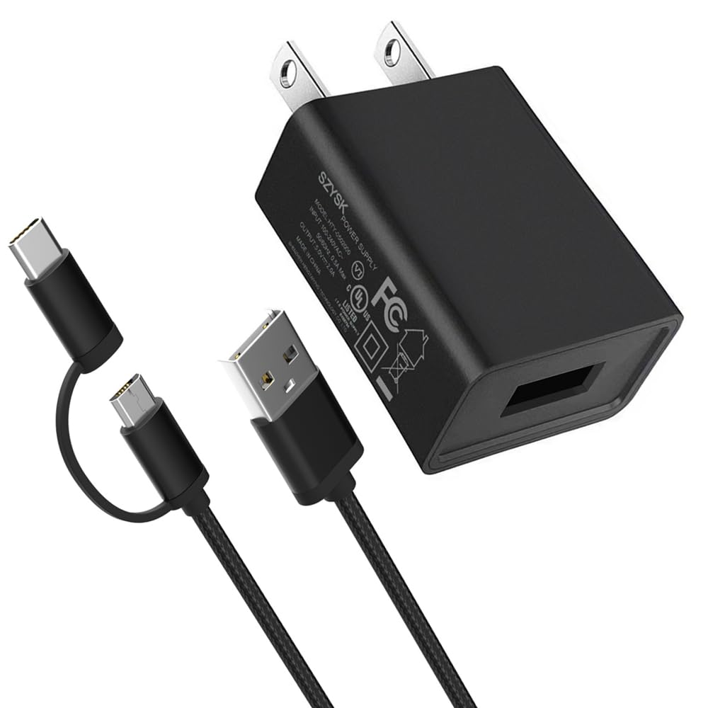 UL Listed Fast Charger for All Kindle Fire Tablets with 6.6Ft USB to Micro-USB and USB-C 2IN1 Nylon Braided Cable (Designed for 