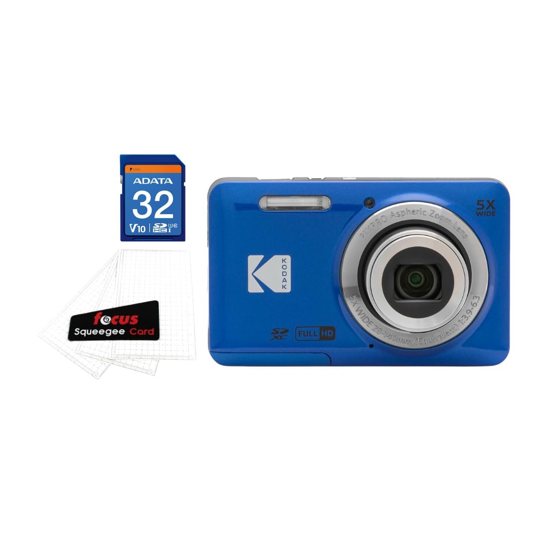 Kodak PIXPRO Friendly Zoom FZ55 Digital Camera (Blue) Bundle with Focus Digital Camera LCD Screen Protectors and 32GB SDHC UHS-I