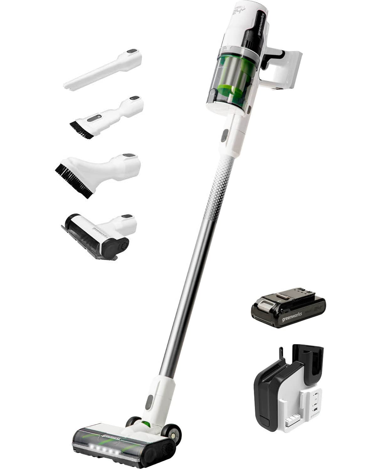 Greenworks 24V Deluxe Brushless (500W) Cordless Stick Vacuum, Ultra Lightweight, LED Lights, 4Ah USB-C Battery and 30-Minute Sup
