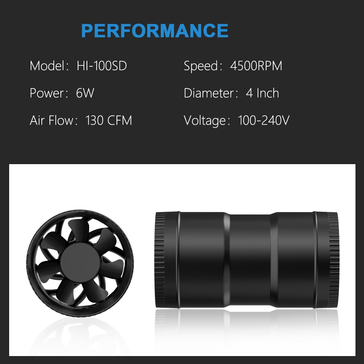 Hon&Guan 4 Inch Inline Booster Duct Fan - 130 CFM, Low Noise, Speed Controller, Plastic, Basic Color, Model HI-SD