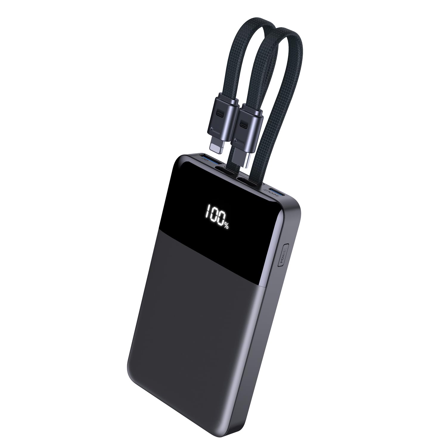 Portable Charger, 10000mAh Power Bank Builtin Lightning & USBC Cables