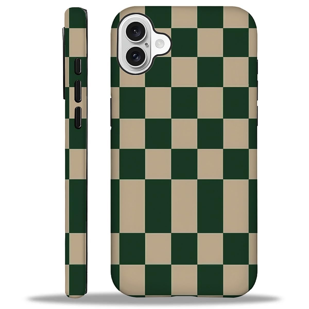 WANKBLC Compatible with iPhone 16 Plus Matte Case, Dark Green Beige Checkerboard Pattern for Girl Full Body Design Soft Silicone